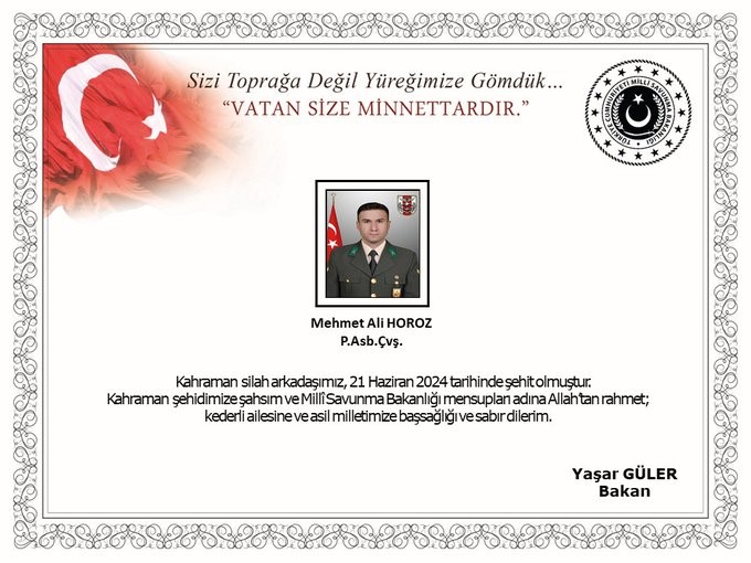 MİLLİ SAVUNMA BAKANLIĞI(MSB), PENÇE-KİLİT OPERASYONU BÖLGESİNDE ARAMA TARAMA FAALİYETİ SIRASINDA BÖLÜCÜ TERÖR ÖRGÜTÜ MENSUPLARI İLE SAĞLANAN TEMASTA 1 ASKER ŞEHİT OLDUĞUNU AÇIKLADI. (HİDAYET TÜRKYILMAZ/ANKARA-İHA)<br />
Milli Savunma Bakanlığı (MSB), Pençe-Kilit operasyonu bölgesinde arama tarama faaliyeti sırasında bölücü terör örgütü mensupları ile sağlanan temasta 1 asker şehit olduğunu açıkladı.