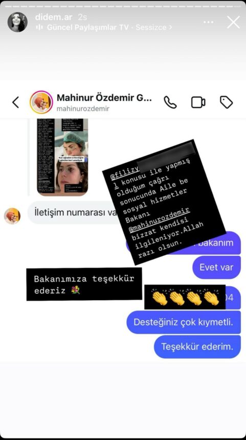 AİLE VE SOSYAL HİZMETLER BAKANI MAHİNUR ÖZDEMİR GÖKTAŞ, TBMM GENEL KURULUNDA BÜTÇE GÖRÜŞMELERİ ESNASINDA EŞİNİN TEHDİTLERİNE VE FİZİKSEL ŞİDDETİNE MARUZ KALDIĞINI SOSYAL MEDYA HESABINDAN KENDİSİNE GELEN BİR İHBAR ÜZERİNDEN ÖĞRENDİĞİ FİLİZ Y'YE BAKANLIK OLARAK HER TÜRLÜ DESTEĞİ VERECEKLERİNİ İLETTİ. (ÖMER FARUK KARATAŞ/ANKARA-İHA)<br />
Aile ve Sosyal Hizmetler Bakanı Mahinur Özdemir Göktaş, TBMM Genel Kurulunda bütçe görüşmeleri esnasında eşinin tehditlerine ve fiziksel şiddetine maruz kaldığını sosyal medya hesabından kendisine gelen bir ihbar üzerinden öğrendiği Filiz Y.'ye Bakanlık olarak her türlü desteği vereceklerini iletti.